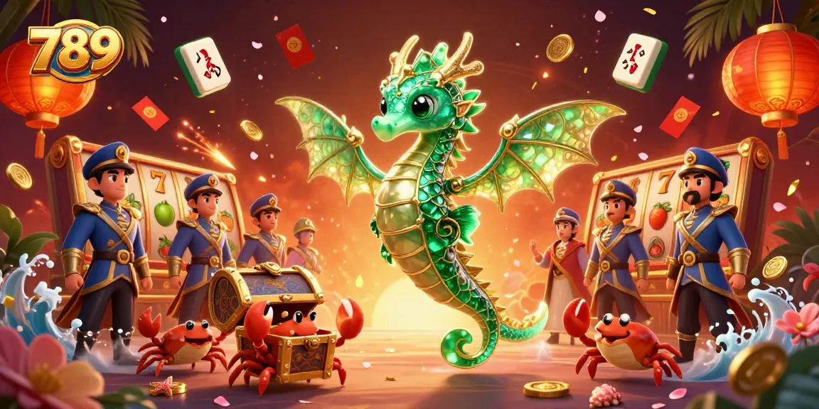 Experience the thrill of 789 as the sea dragon majestically guards treasures with vibrant casino symbols.