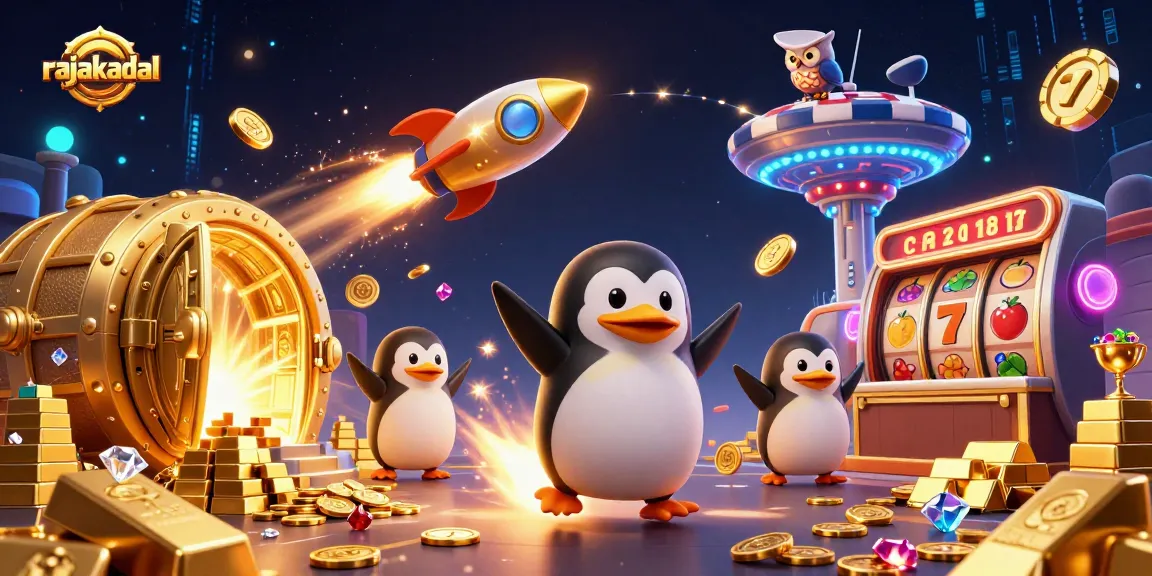RAJAKADAL menampilkan penguin emas berperahu roket di luar angkasa menuju stasiun kasino, dengan tumpukan koin kemenangan.