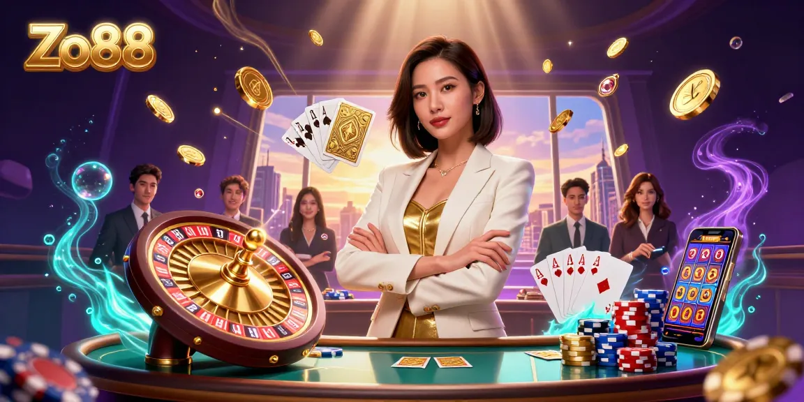 Win big at Zo88 with a glamorous Asian woman playing cards in a vibrant casino scene.