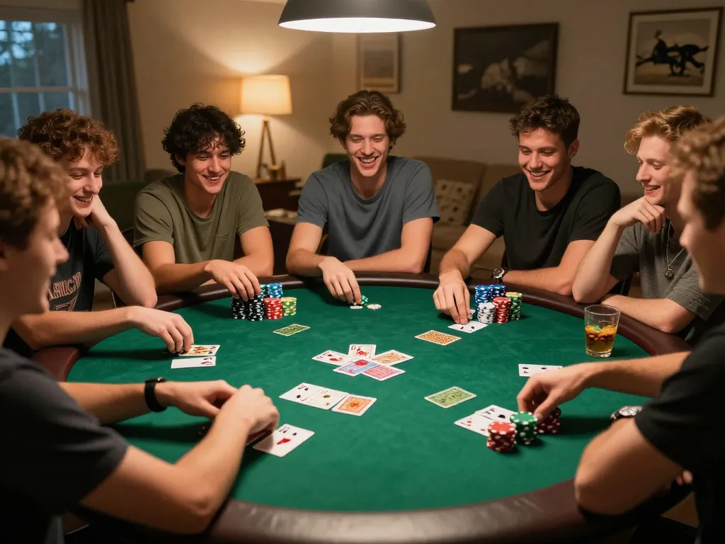 Friends enjoying an engaging poker night with 8xbet themed chips and competitive atmosphere