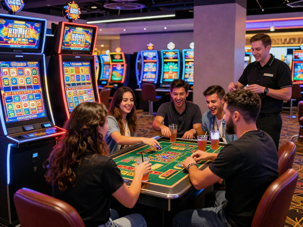Friends enjoying a thrilling game of toto slot in a vibrant casino atmosphere.
