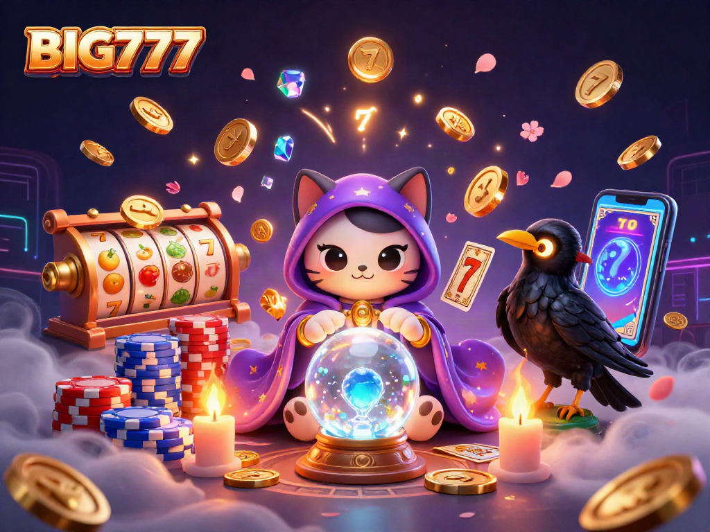 Experience fortune with BIG777 slots complemented by playful mystic cat and glowing raven in a vibrant casino scene.