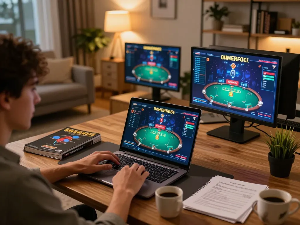 Player using king33 online gaming platform on laptop, cozy home environment with strategy notes and warm lighting.