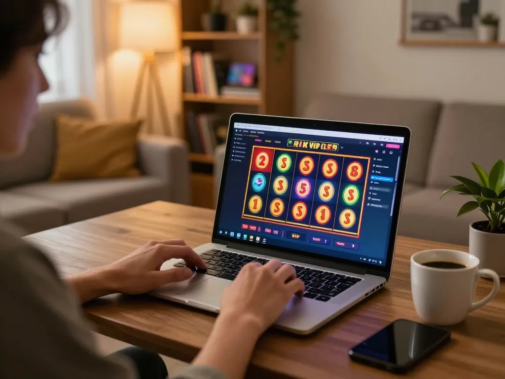 Player enjoying Rik vip slots on a laptop in a cozy home environment with game interface visible