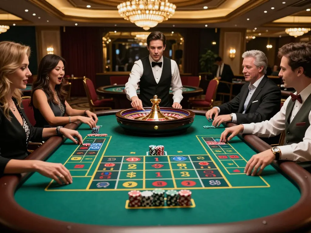 Players placing bets at the VIN777 roulette table, showcasing excitement in a luxury casino.