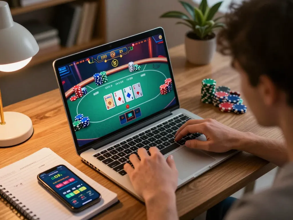 Engaging player immersed in exciting poker game on go8 app, showcasing vibrant online casino atmosphere.