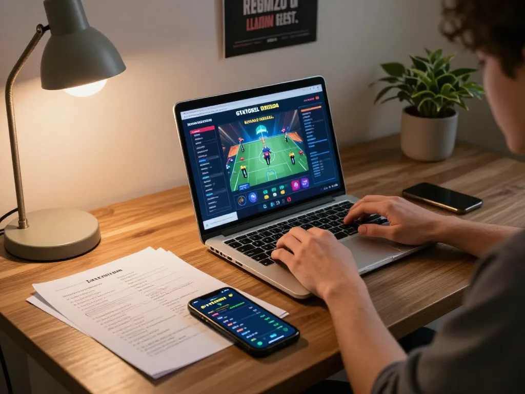 Engaged player enjoying GTATOGEL on a laptop, displaying strategic notes in cozy home setting.