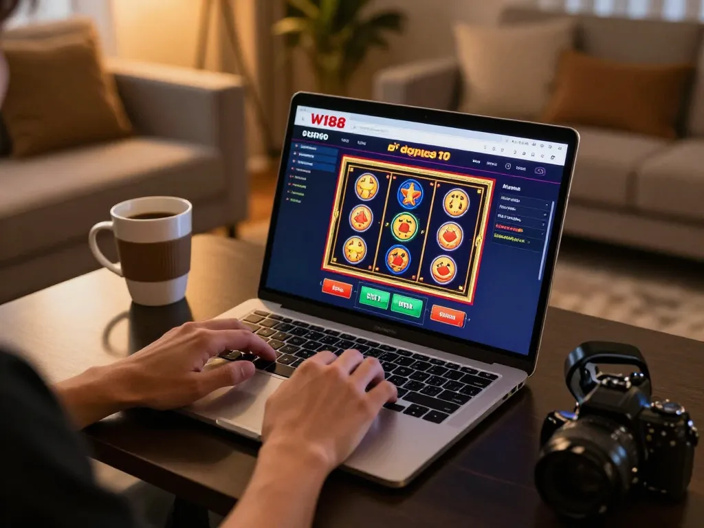 Player engaging with W188 online casino on a laptop, showcasing modern gambling experience.