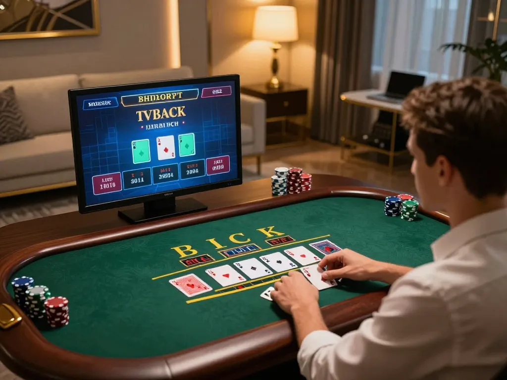 Player strategizing in a live blackjack game on nk88 online casino platform with elegant home setting.