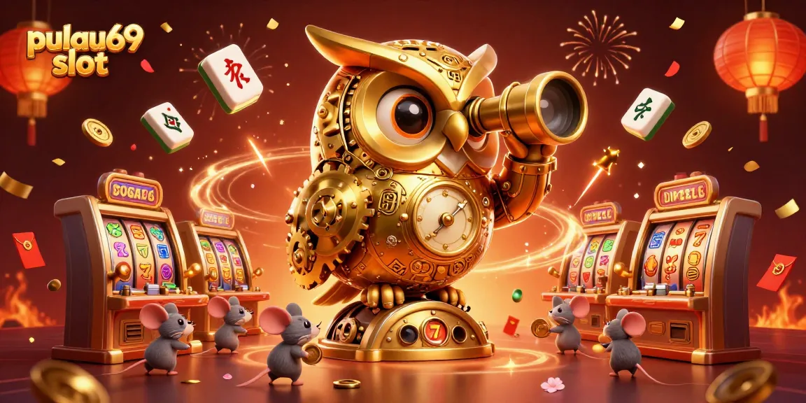 Engage with pulau69 slot in a vibrant casino atmosphere featuring golden owls and festive elements.