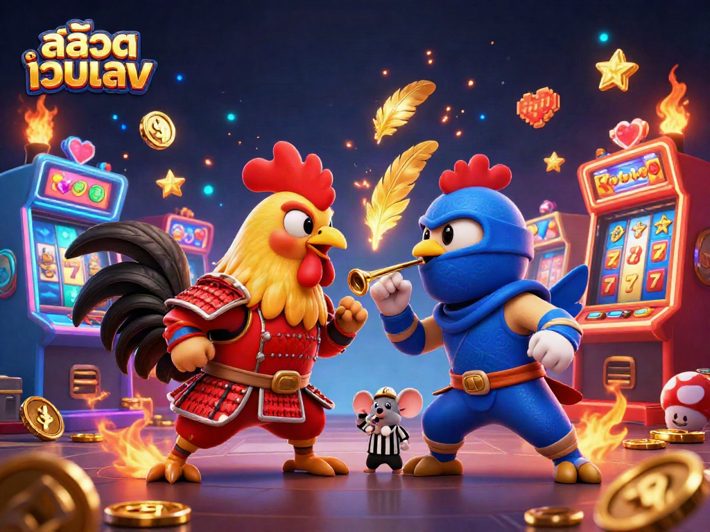Engage in the thrilling showdown of cartoon roosters in สล็อตเว็บตรง, featuring slot machines and dynamic gameplay elements.