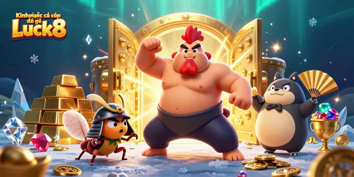 Kinh nghiệm cá cược đá gà Luck8 showcases powerful rooster and samurai cricket in a dynamic casino scene.