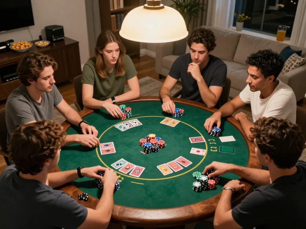 Engaged players at home poker night using caricature Chatgpt to enhance their gaming experience.