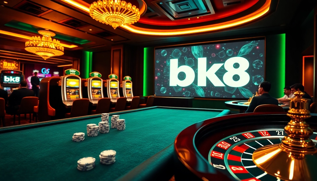 Experience BK8 เว็บตรง with vibrant casino elements including poker chips and slot machines.
