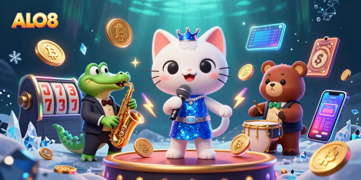 Experience ALO8 with a vibrant casino scene featuring a jazzy cat singer, a saxophone crocodile, and a drum-playing bear.