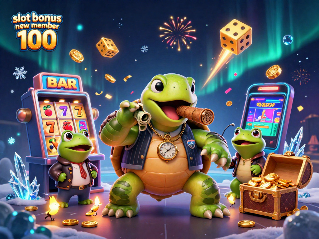 Engage the excitement with slot bonus new member 100 at our vibrant casino illustration, featuring a turtle mobster and frog enforcers.