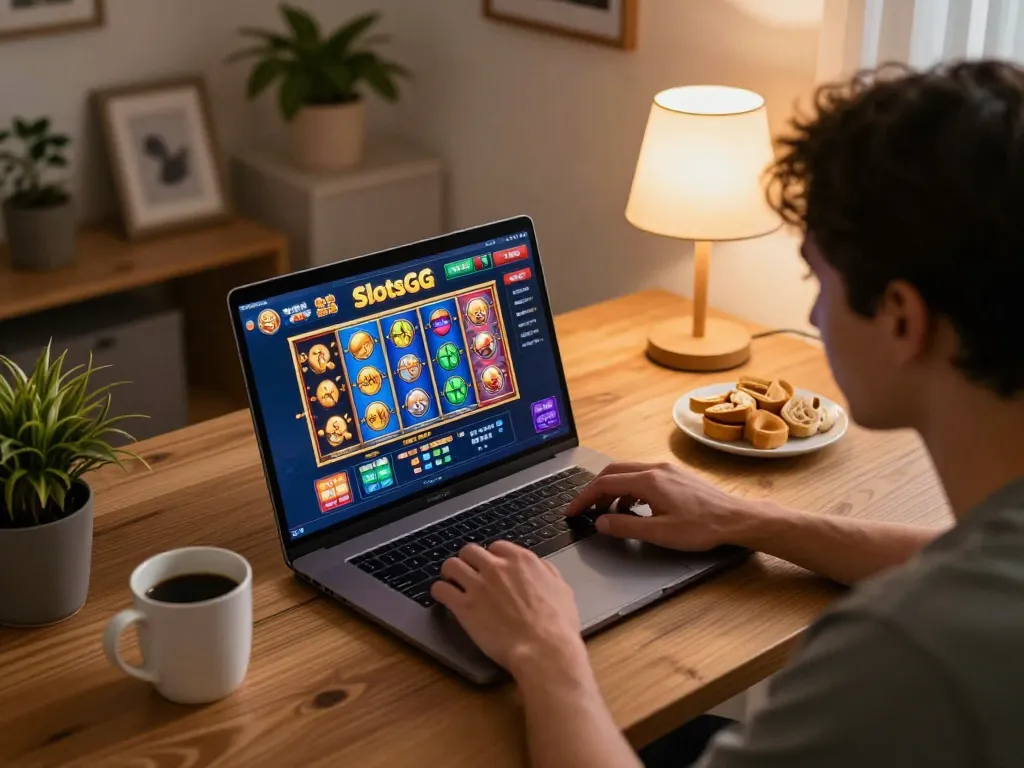 Player enjoying online slots at home with SlotsGG interface visible on laptop.