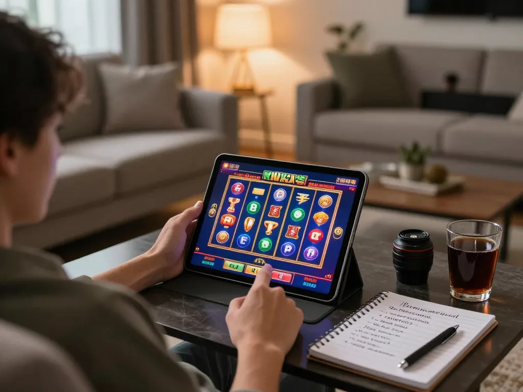 Engage in ดูหนังใหม่ online gaming through a vibrant tablet display showcasing slot machine action in a cozy home.