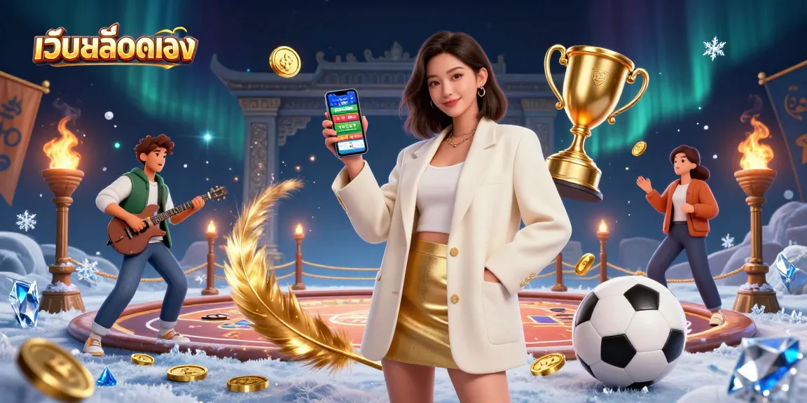 Engage with เว็บสล็อตตรง as a beautiful Asian woman showcases a sports betting app on her smartphone.