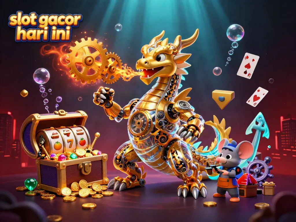 Slot gacor hari ini menampilkan naga emas mekanik dan elemen kasino penuh warna.
