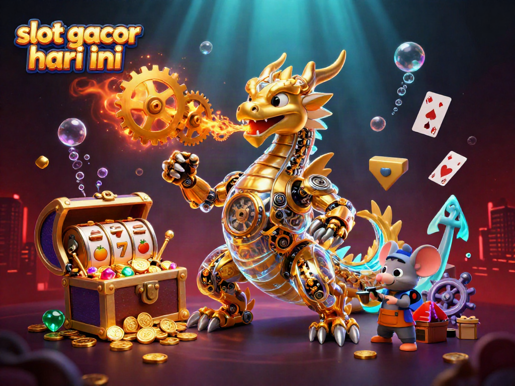 Slot gacor hari ini menampilkan naga emas mekanik dan elemen kasino penuh warna.