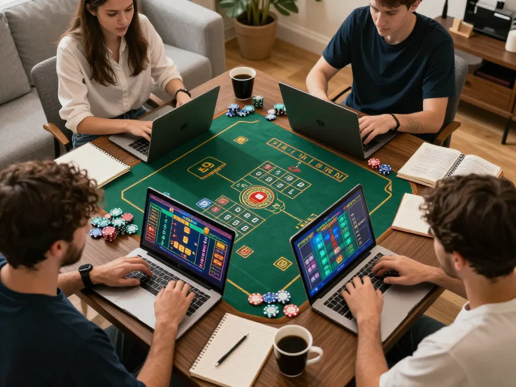 Tài Xỉu online gaming session with players analyzing strategies using laptops and tablets in a cozy home atmosphere.