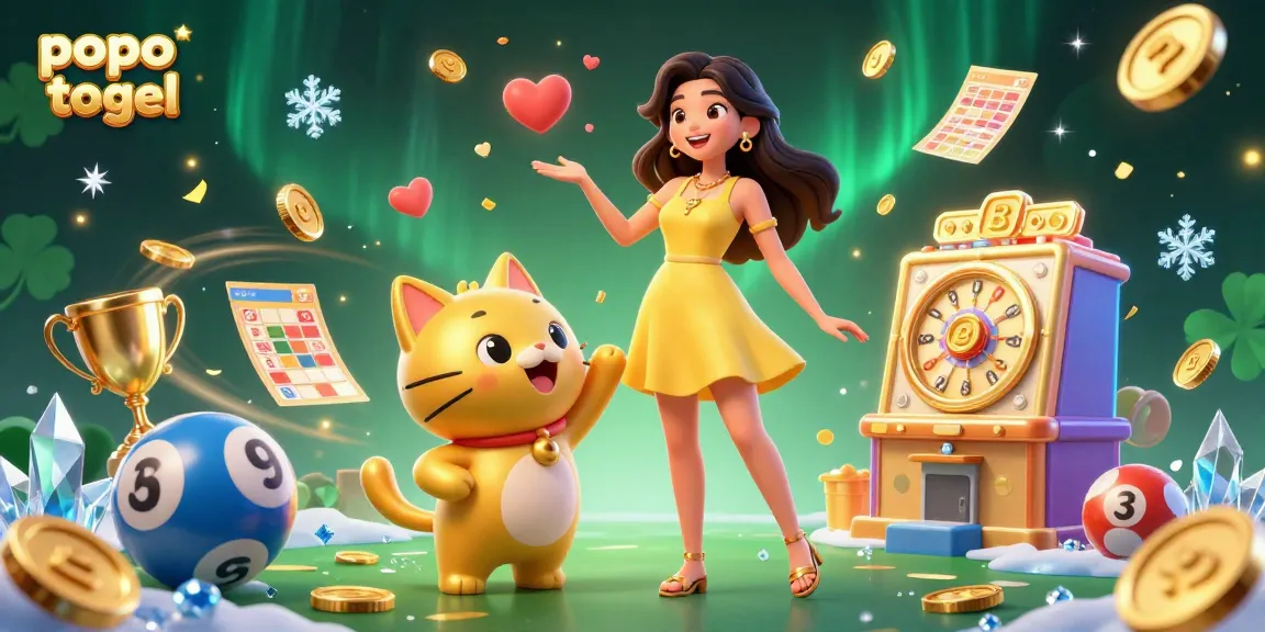 Experience popo togel excitement with a vibrant illustration of an Asian woman and golden lucky cat amidst lottery elements.