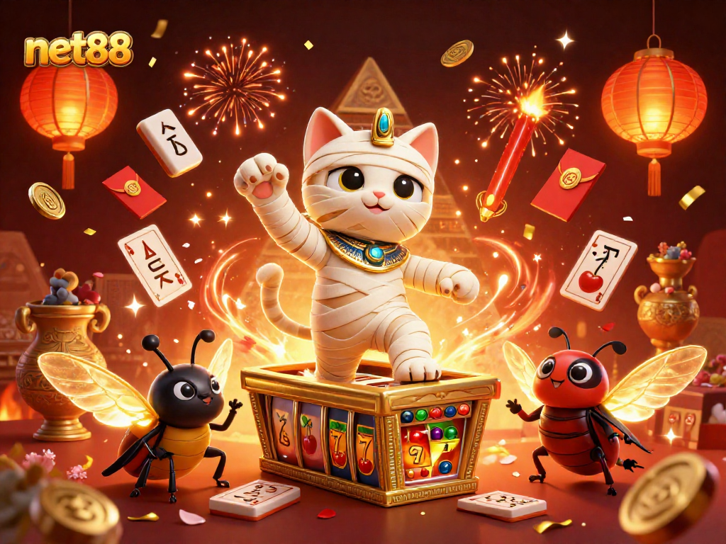 Join the excitement at net88 with a vibrant Egyptian-themed casino scene featuring a mummy cat and glowing scarab!