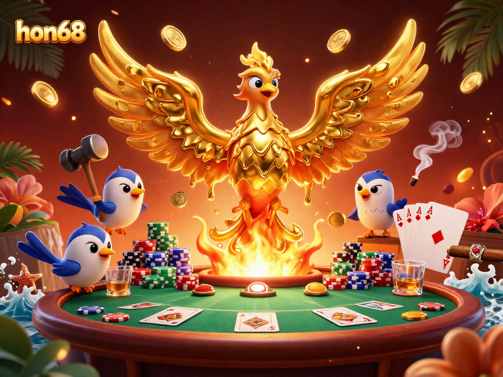 Engage with the dynamic world of hon68, featuring gold phoenix and poker elements illustrating thrilling casino action.