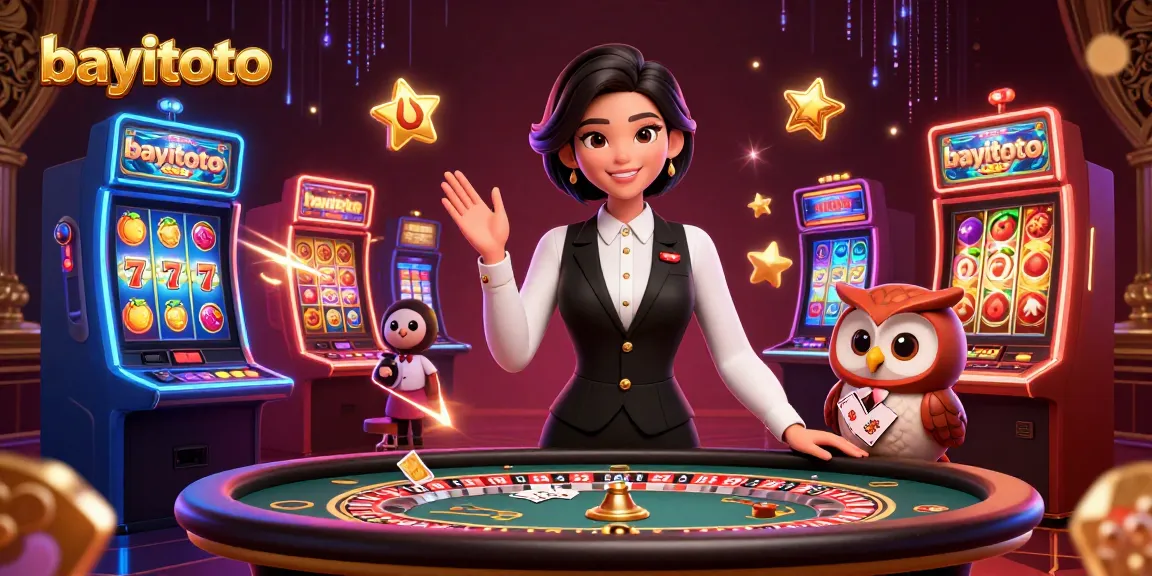 Experience the excitement of bayitoto with a vibrant 3D casino illustration showcasing dealers and casino games.
