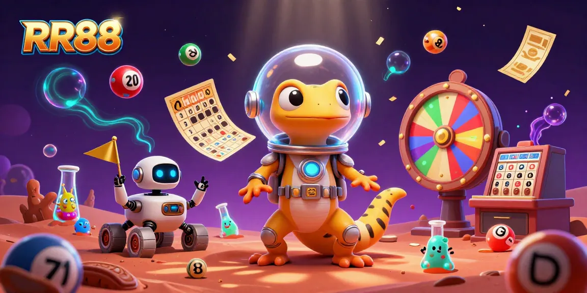 Experience the vibrant casino universe of RR88 with a Martian gecko uncovering treasures amidst dynamic gaming elements.