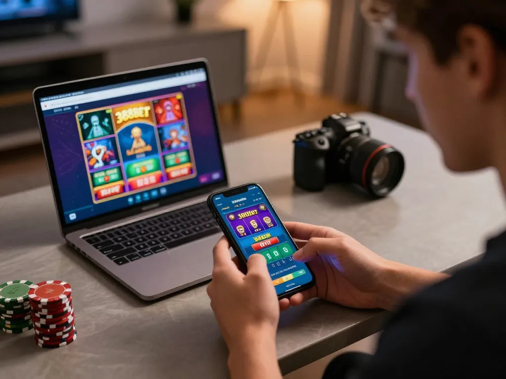Engaging online gaming moment on 388bet app, player making strategic bets on smartphone in stylish home.