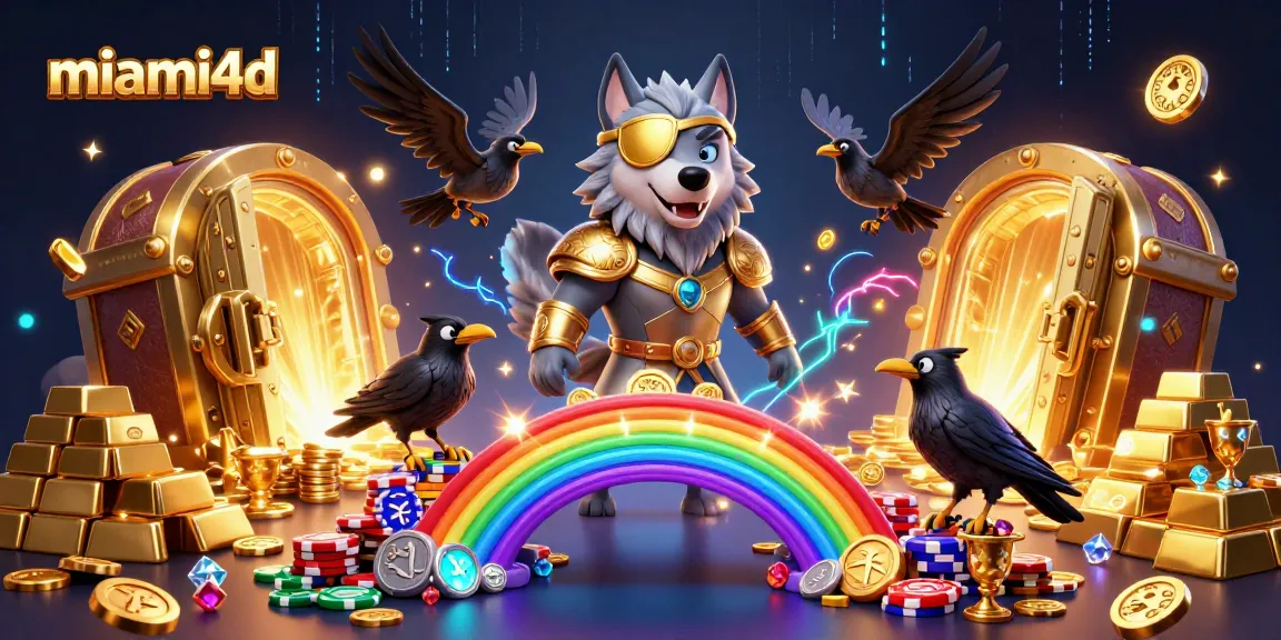 Miami4d showcases dynamic gaming with Odin and ravens over a vibrant casino backdrop.