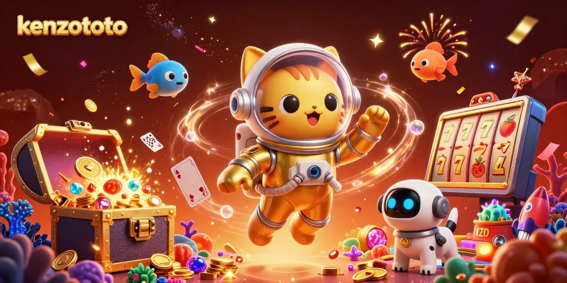 Kenzototo's thrilling gambling scene showcases a space cat and robot dog among explosive treasures.