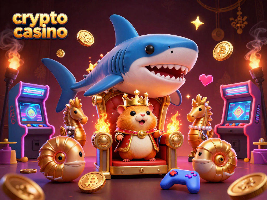 Play at a crypto casino with a fierce hamster king and treasure-filled gaming scene.