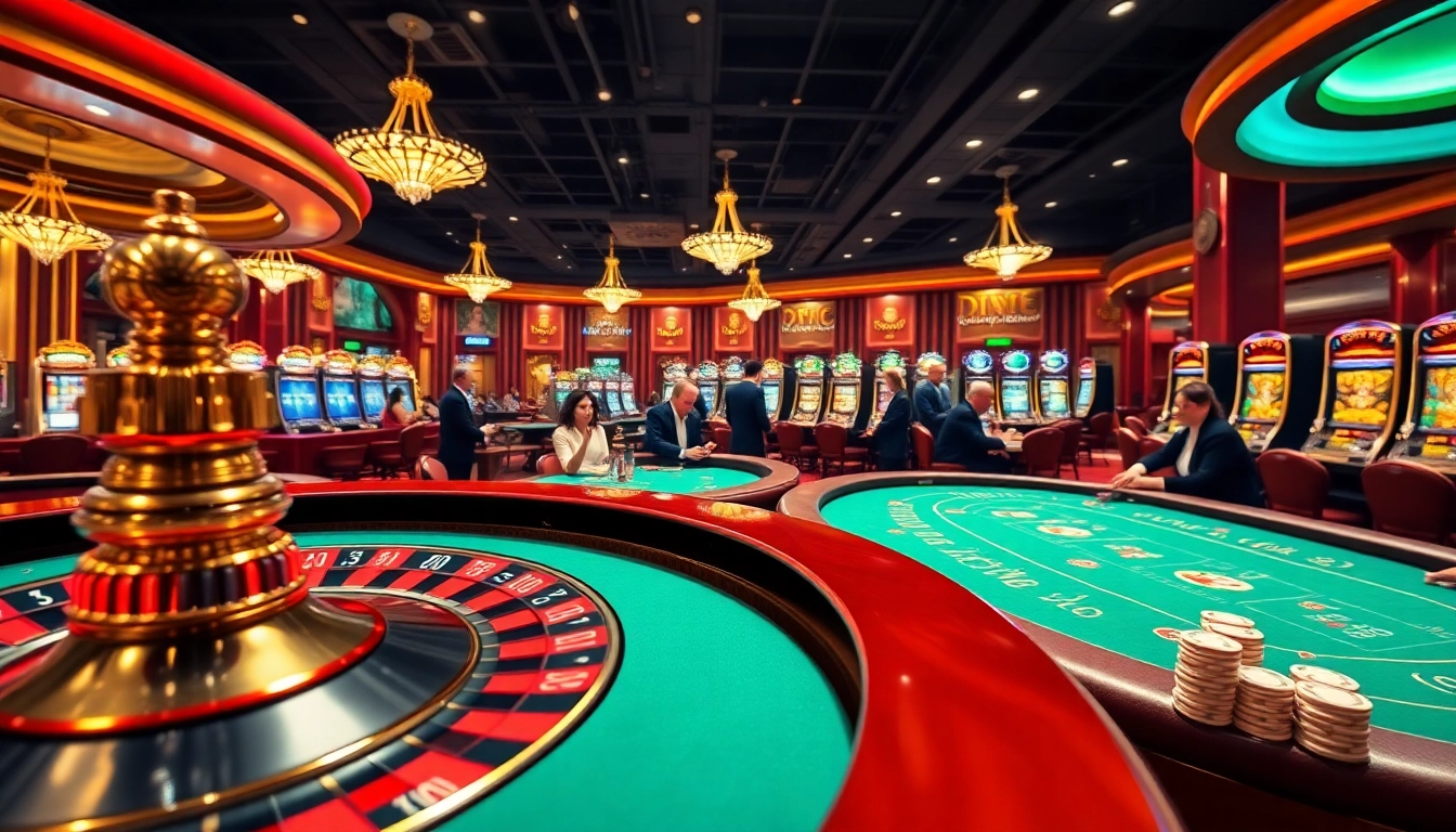 Experience the excitement at nhà cái luck8, showcasing luxury casino tables, poker chips, and a spinning roulette wheel.