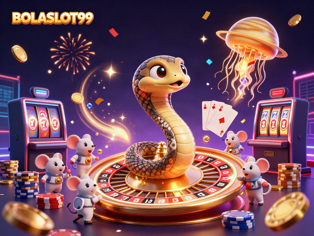 Experience the fun of BOLASLOT99 with a vibrant cosmic casino scene featuring playful characters and dynamic gambling elements.