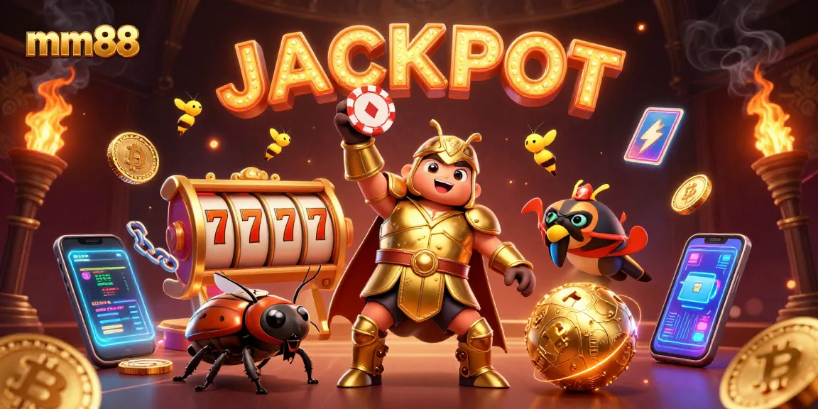 Experience big wins with mm88 as a golden beetle lifts a poker chip amidst dazzling casino elements.