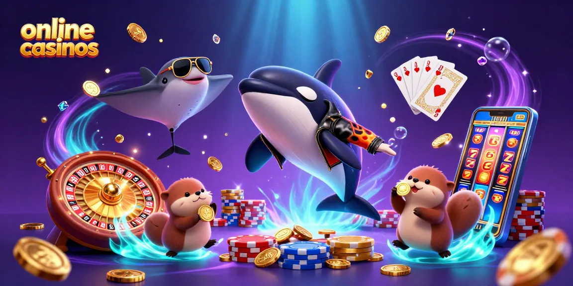 Engage with online casinos alongside playful characters in a vibrant 3D scene filled with lucky gaming elements.