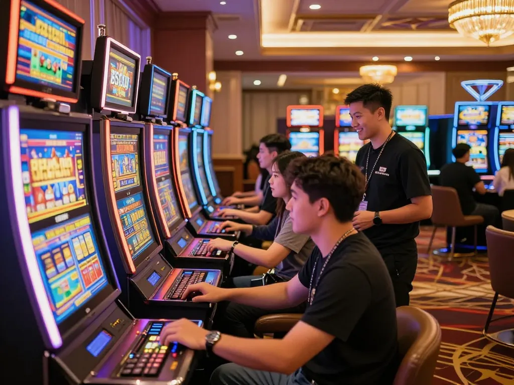 Người chơi B52club tận hưởng trò chơi năng động trên các máy slot sống động trong không gian sang trọng.