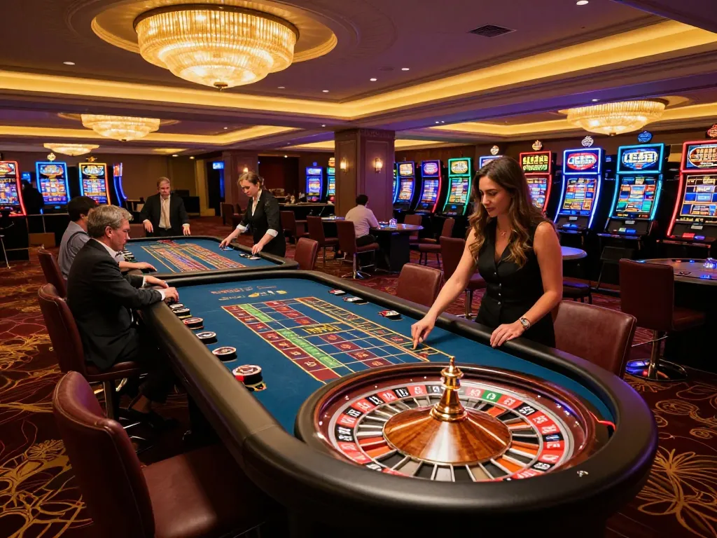 Gamblers enjoying the BL555 roulette table in a luxurious casino setting.