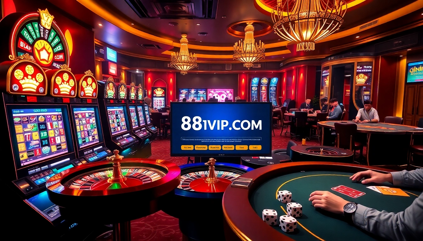 Exciting casino scene showcasing vibrant gambling activities and 68VIP.COM elements.