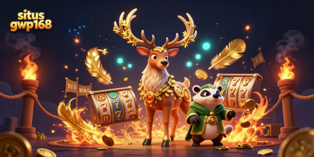 Situs gwp168 menghadirkan ilustrasi kasino dengan seekor stag Celtic dan badger, dikelilingi simbol slot
