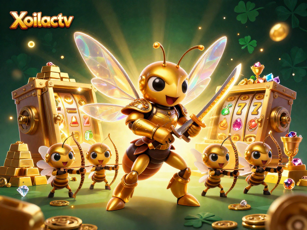 Xoilactv illustrates a vibrant casino scene featuring a golden hornet and dazzling treasure elements.
