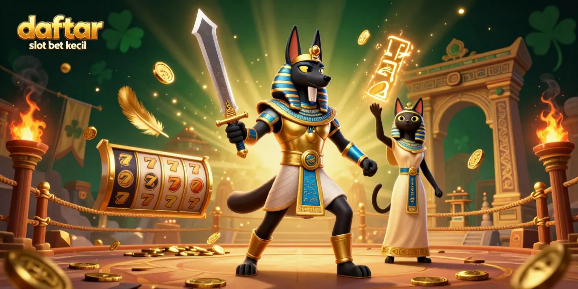 Engage with daftar slot bet kecil while surrounded by dynamic gold coins and Egyptian themes in this vibrant illustration.