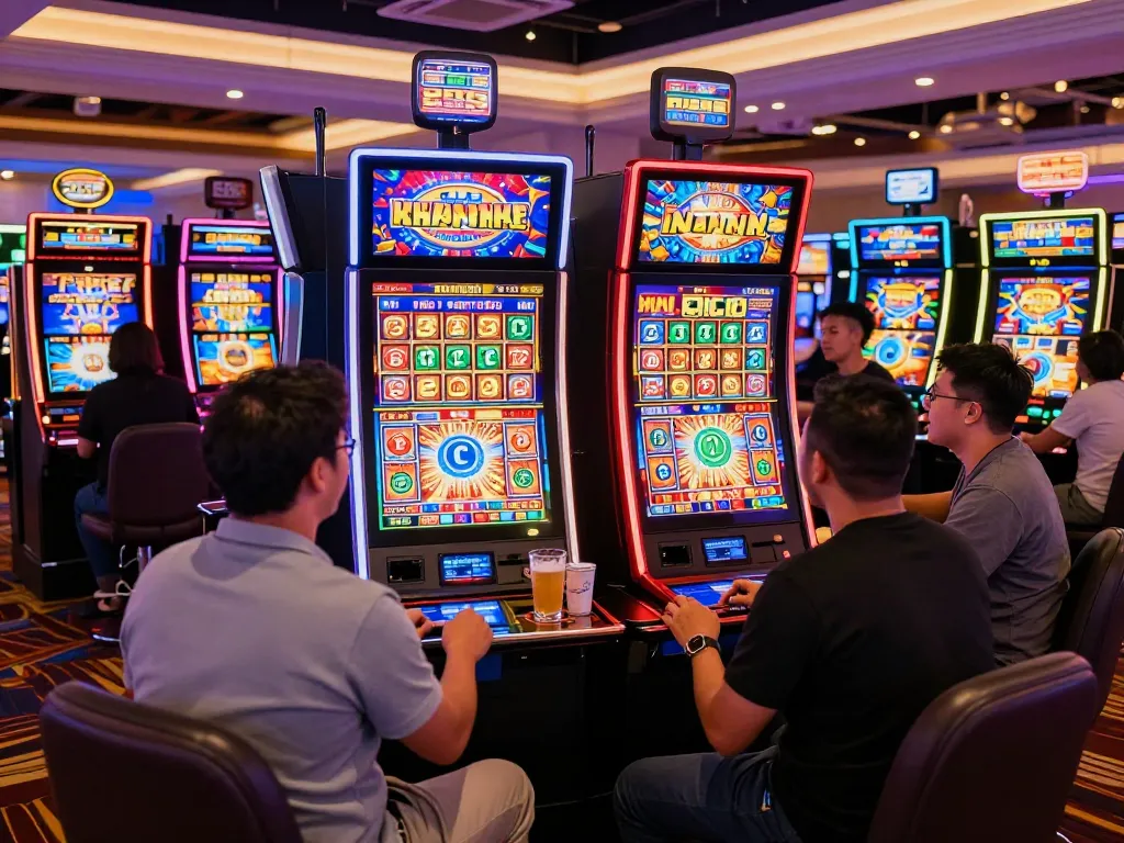 Sekelompok pemain menikmati mesin slot gacor di suasana kasino yang cerah.