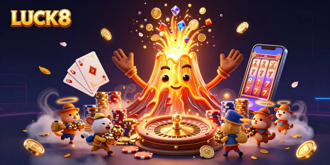 LUCK8 sparks excitement with a vibrant casino scene featuring treasures and dynamic gambling elements.