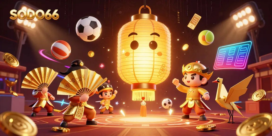 Experience thrilling games at SODO66 with a festive, vibrant digital render showcasing rich casino elements.