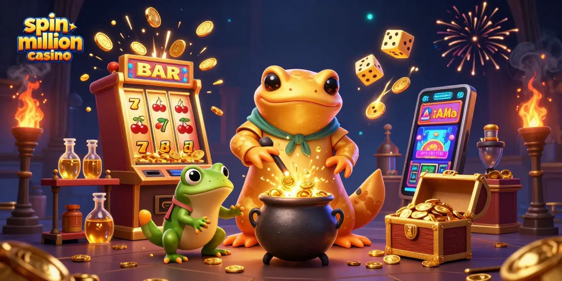 Spin million casino's dynamic 3D scene features alchemists converting base metals into gold.