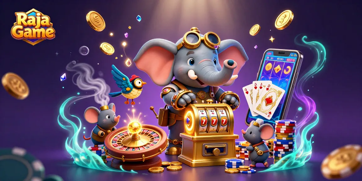 Raja Game features an exciting 3D casino scene with an elephant engineer playing a slot machine, surrounded by rich gaming elements.